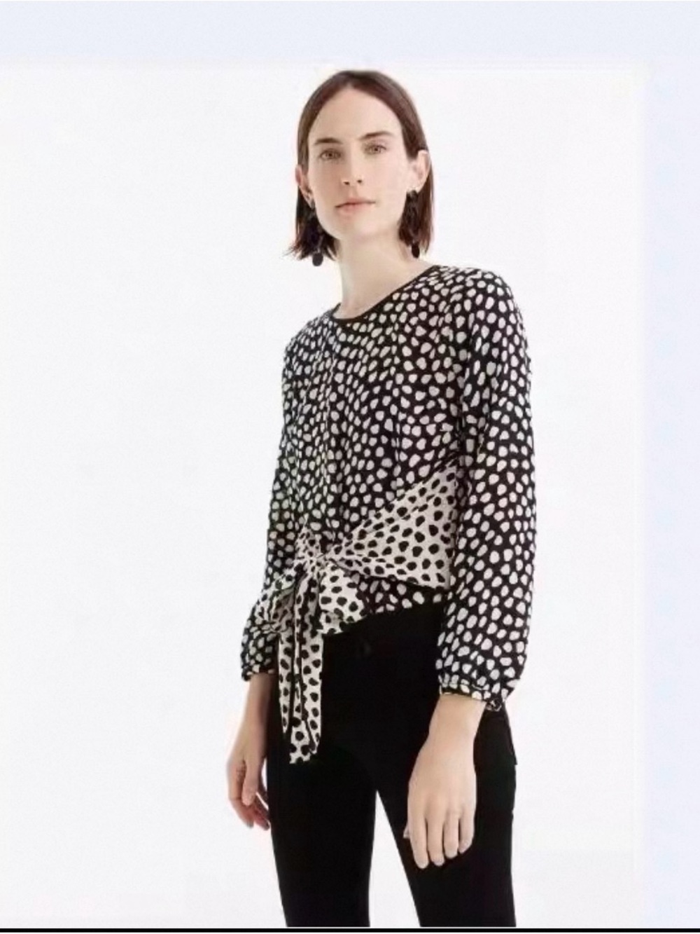 J. Crew Black & White Polka Dot Tie-Front Silk Blouse